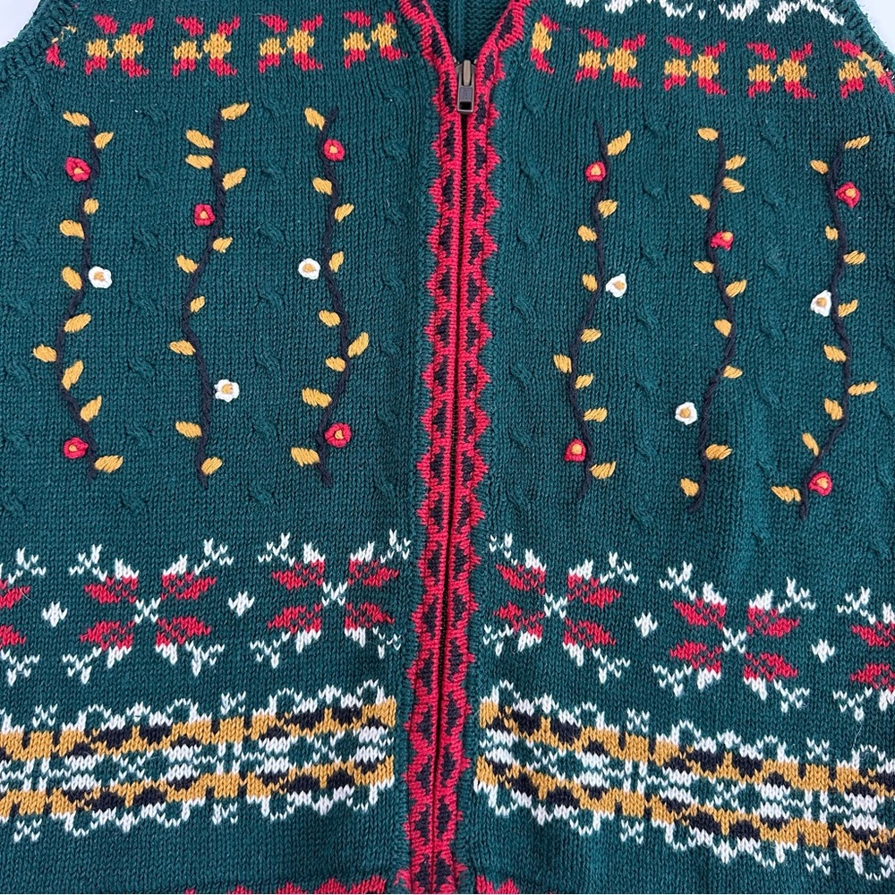 Vintage Croft & Barrow Embroidered Holiday Sweater Vest M Pine Green Zip Front - Picture 4 of 9